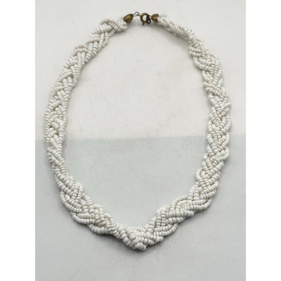 Vintage white milk glass braided beaded necklace - Picture 3 of 4